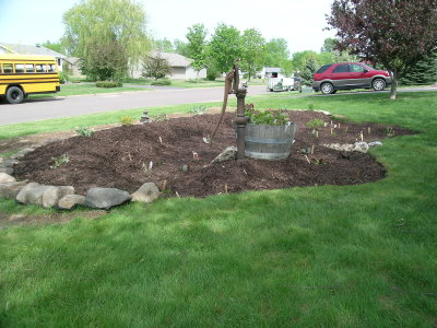 A rain garden with a bareen and a water pump