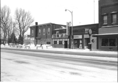 A black and white photo of a row of historical businesses